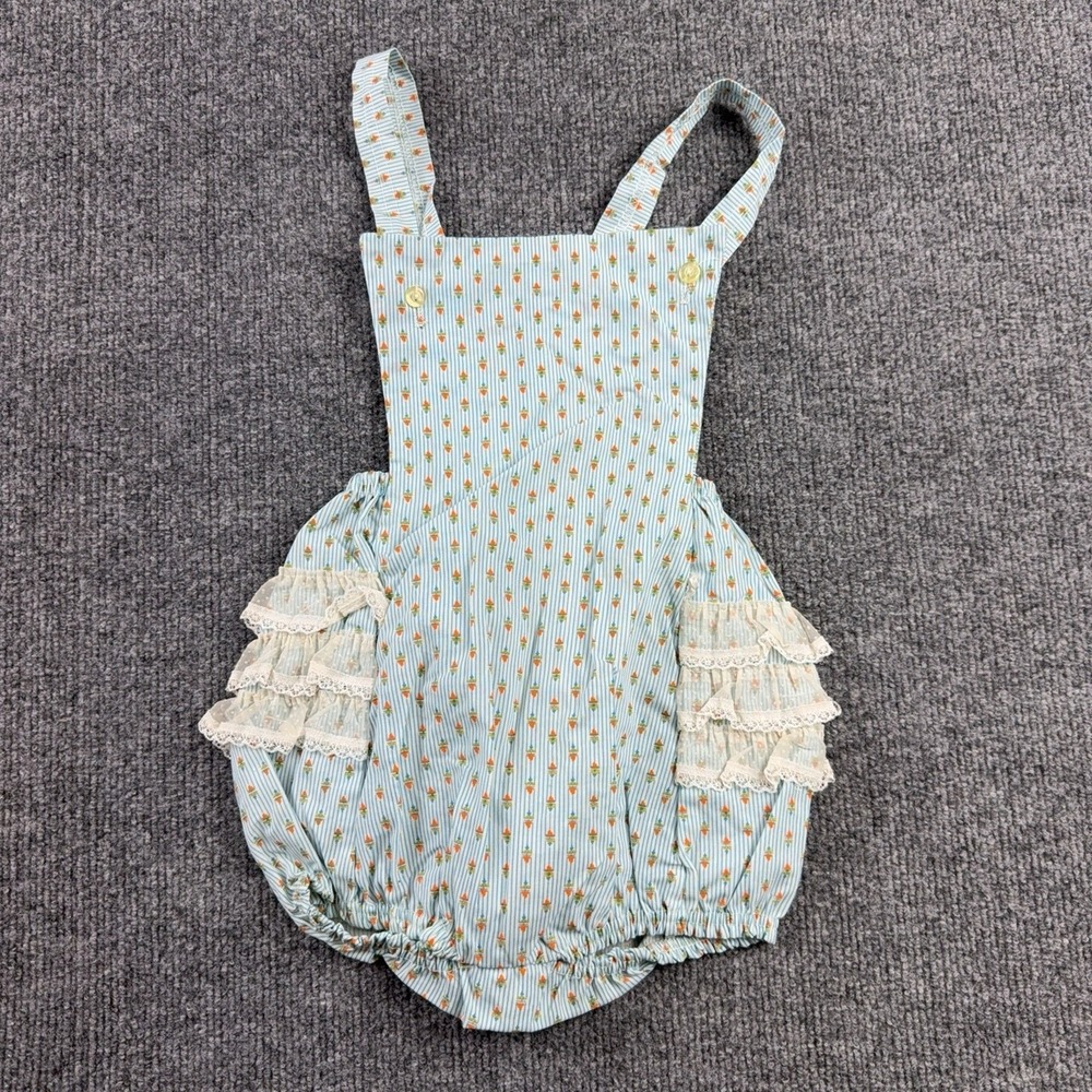 Blue Striped Romper Girls 6-9 Months Floral Lace Ruffle Bubble One Piece Summer